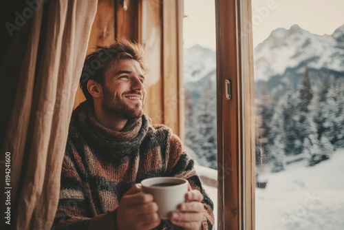 Happy young man in a cozy cabin, holding a cup of coffee, snow-covered mountains outside the window, holiday getaway, warm tones, half-body composition photo