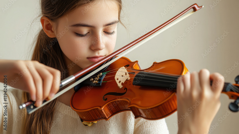 Young violinist practicing in music classroom with focus on technique and passion Young violinist practicing in music classroom with focus on technique and passion