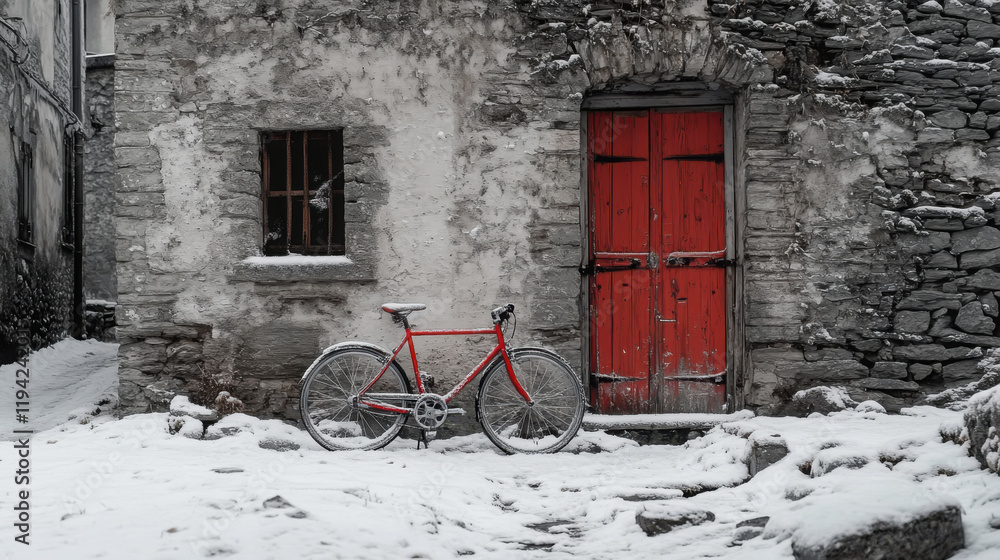 Wintery italian village scene with snow-covered bicycle and vibrant red door