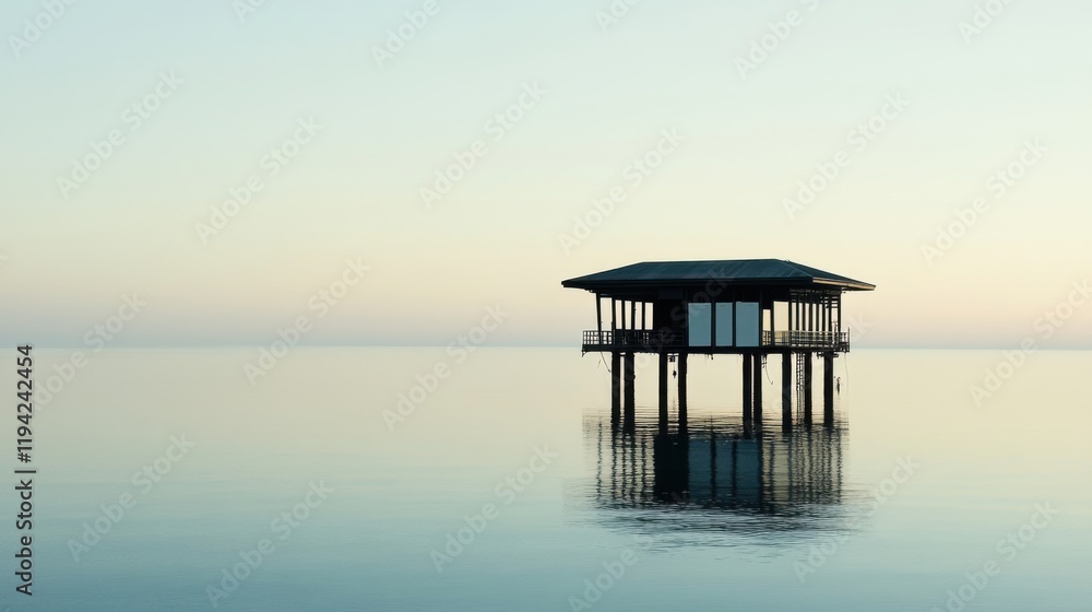 Tranquil Seaside Pavilion at Dawn Surrounded by Calm Waters Reflecting Soft Pastel Colors of Early Morning Sky in Serene Coastal Landscape Tranquil Seaside Pavilion at Dawn Surrounded by Calm Waters Reflecting Soft Pastel Colors of Early Morning Sky in Serene Coastal Landscape