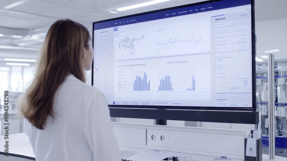 A scientist in a lab coat observes data analytics on a large screen, showcasing graphs and charts in a modern laboratory environment. A scientist in a lab coat observes data analytics on a large screen, showcasing graphs and charts in a modern laboratory environment.