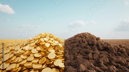 Contrast of Wealth and Poverty: Gold Coins vs. Dirt Pile photo