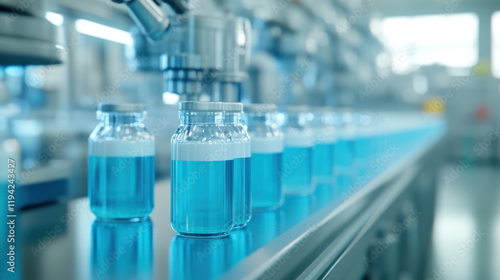 A row of glass vials filled with blue liquid, arranged neatly on a lab bench, showcasing a sterile and modern laboratory environment. A row of glass vials filled with blue liquid, arranged neatly on a lab bench, showcasing a sterile and modern laboratory environment.