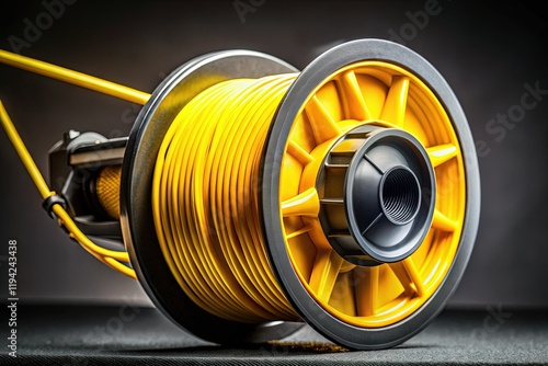 New Metal Lawn Mower Reel with Yellow Plastic Line - Top View Long Exposure photo