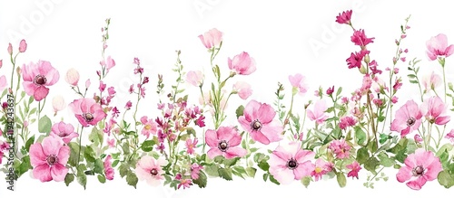 Wallpaper Mural Watercolor Pink Flowers Blossom Abundantly in Vibrant Garden, Blooming Delicately in Summer Sunlight. Botanical Illustration with Floral Delights. Torontodigital.ca