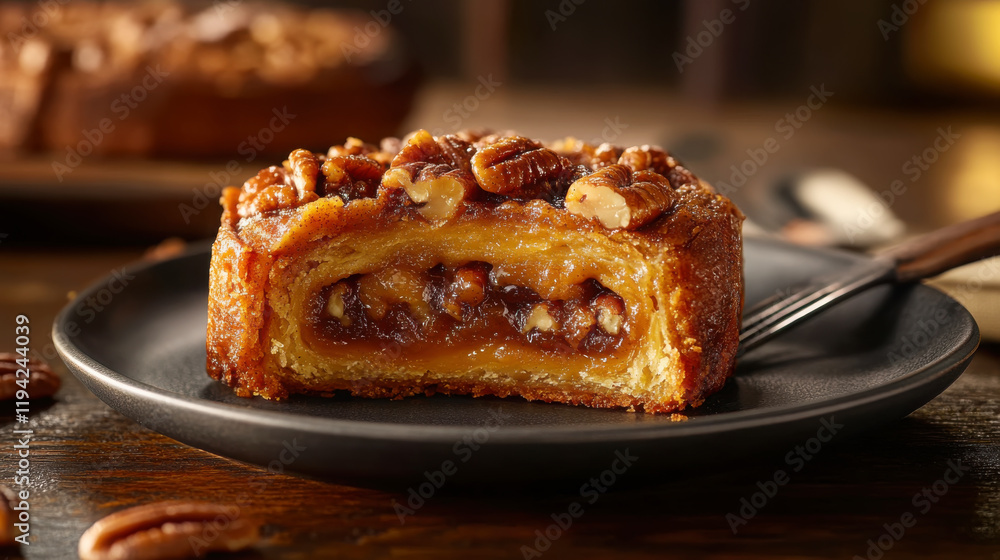 Delicious pecan pie cinnamon roll sliced in half for dessert inspiration Delicious pecan pie cinnamon roll sliced in half for dessert inspiration