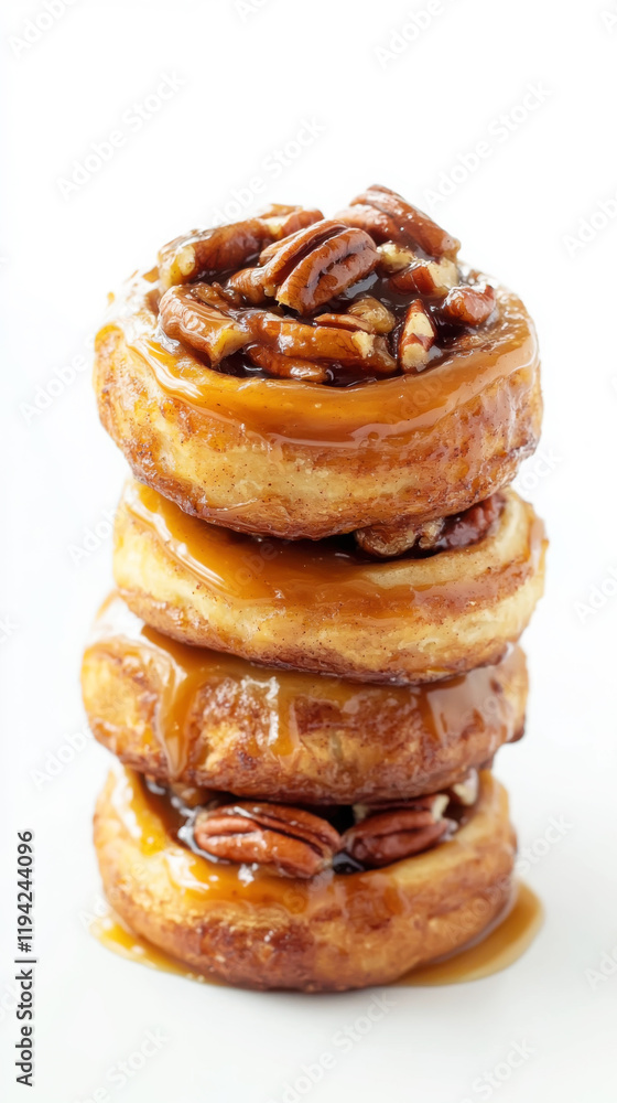 Delicious stack of pecan pie cinnamon rolls with caramel glaze Delicious stack of pecan pie cinnamon rolls with caramel glaze