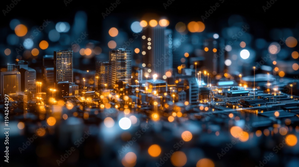 Fototapeta premium A vibrant cityscape at night, featuring blurred lights and skyscrapers, creating a dreamy, atmospheric effect.