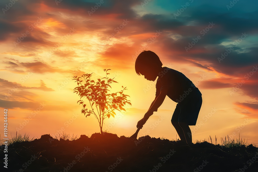 Silhouette of a child digging a hole in the ground, preparing to plant a tree, with a glowing sunset sky in the background. Silhouette of a child digging a hole in the ground, preparing to plant a tree, with a glowing sunset sky in the background.