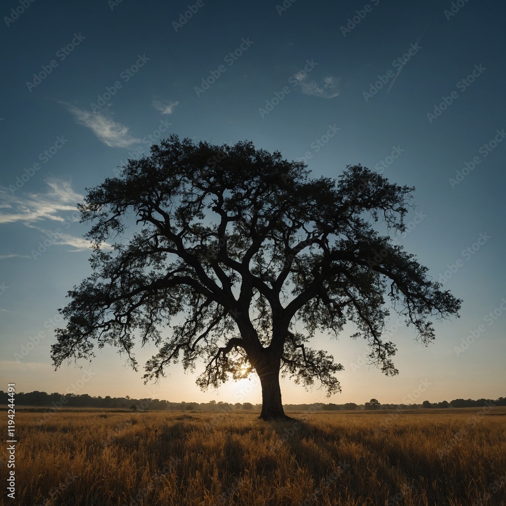 Capture the silhouette of a tree in an open field. Capture the silhouette of a tree in an open field.