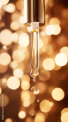 Luxurious skincare routine with collagen serum dropper and golden bokeh background photo