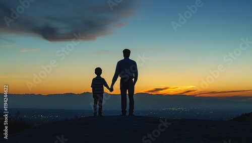 Wallpaper Mural Father and Son Watching Sunset: A Silhouette of Shared Moments Against City Lights and Mountains Torontodigital.ca