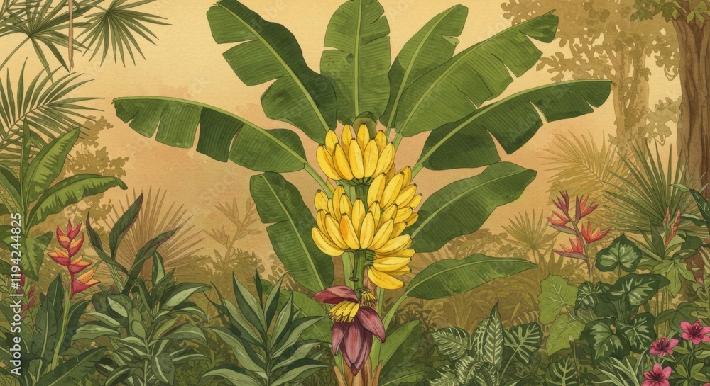 Fototapeta premium Lush tropical jungle with banana plant and vibrant foliage at dawn