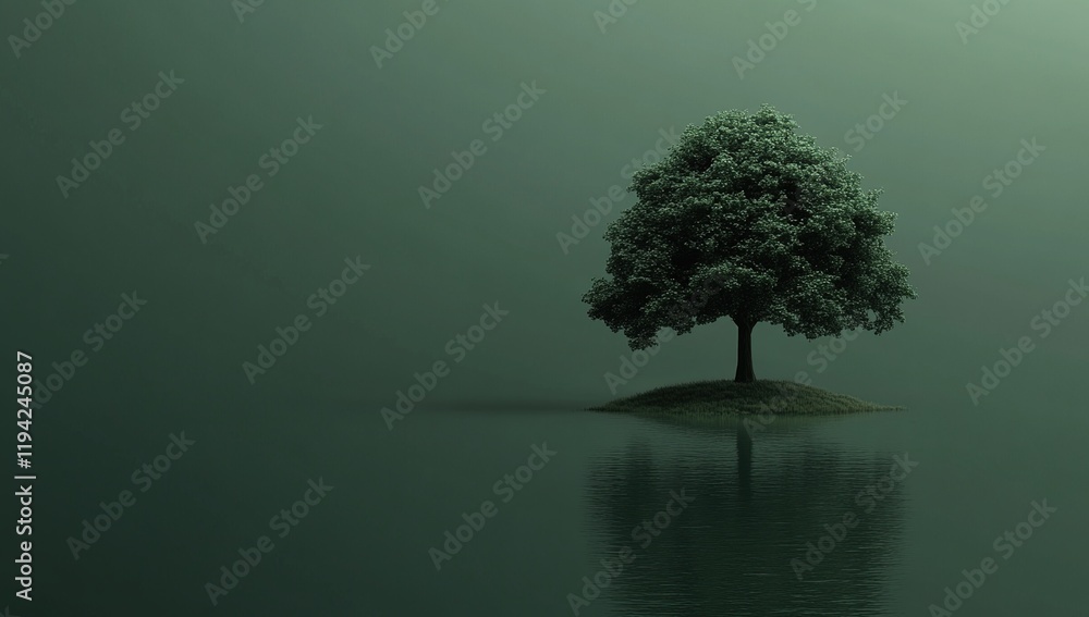 Solitary Tree on Island Reflects in Still Water, Creating Serene Atmosphere: Nature's Tranquility, Peaceful Landscape Solitary Tree on Island Reflects in Still Water, Creating Serene Atmosphere: Nature's Tranquility, Peaceful Landscape