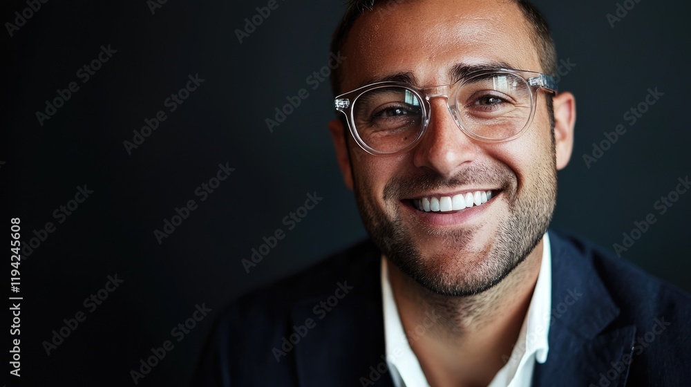 Smart businessman smiling at camera, wearing trendy transparent glasses Smart businessman smiling at camera, wearing trendy transparent glasses