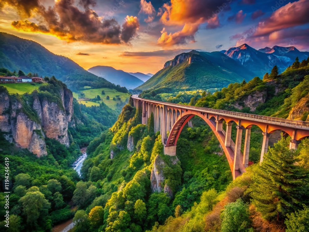 Panoramic View of Djurdjevica Tara Bridge, Montenegro: Majestic Arch over the Tara River Gorge Panoramic View of Djurdjevica Tara Bridge, Montenegro: Majestic Arch over the Tara River Gorge
