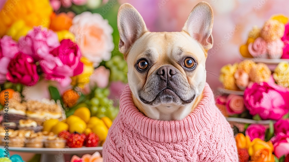 Stylish Dog in Trendy Sweater Surrounded by Flowers Stylish Dog in Trendy Sweater Surrounded by Flowers