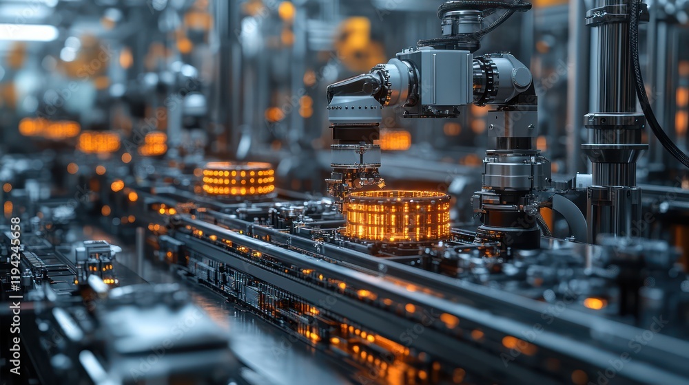 Automated Industrial Manufacturing Process: High-Tech Robotic Arm Assembling Components on a Conveyor Belt in a Modern Factory Setting Automated Industrial Manufacturing Process: High-Tech Robotic Arm Assembling Components on a Conveyor Belt in a Modern Factory Setting