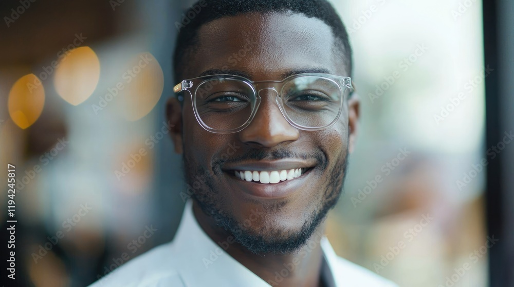 Smart businessman smiling at camera, wearing trendy transparent glasses Smart businessman smiling at camera, wearing trendy transparent glasses