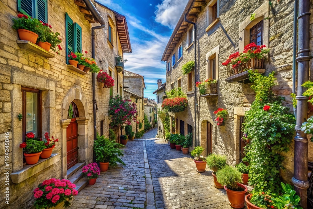 Panoramic View of San Marino's Charming Narrow Alleyways, Historic Stone Buildings, Medieval Architecture Panoramic View of San Marino's Charming Narrow Alleyways, Historic Stone Buildings, Medieval Architecture