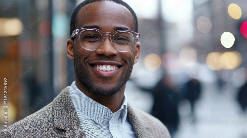 Smart businessman smiling at camera, wearing trendy transparent glasses Smart businessman smiling at camera, wearing trendy transparent glasses
