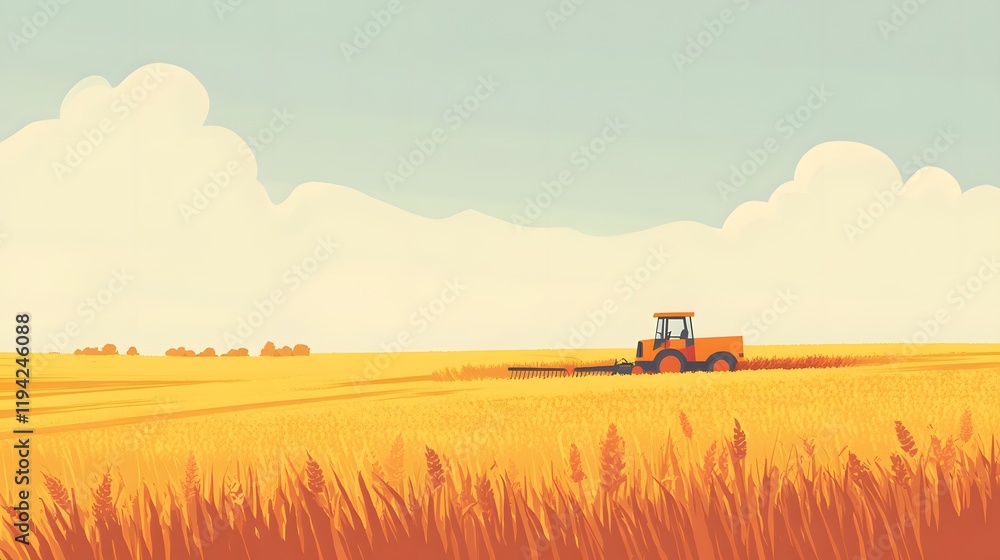 Fototapeta premium A combine harvester working in a scenic rural field with a farmer nearby on a summer day