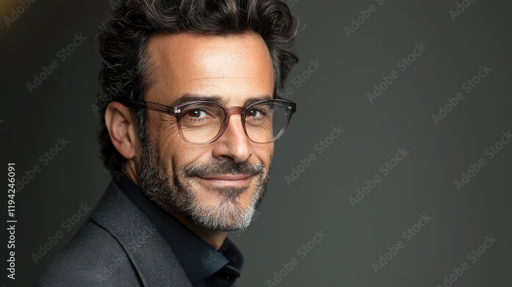 Fototapeta premium Smart businessman smiling at camera, wearing trendy transparent glasses