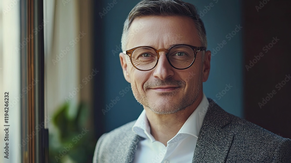 Smart businessman smiling at camera, wearing trendy transparent glasses Smart businessman smiling at camera, wearing trendy transparent glasses