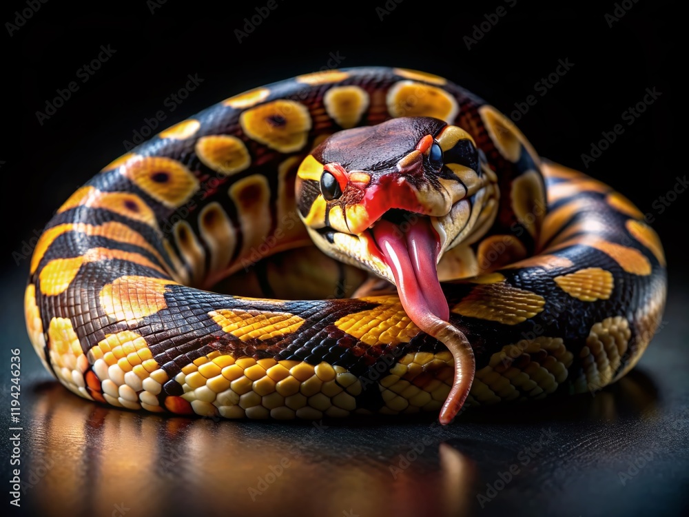 Fototapeta premium Paradox Calico Morph Ball Python on Black Background - Exotic Reptile Stock Photo