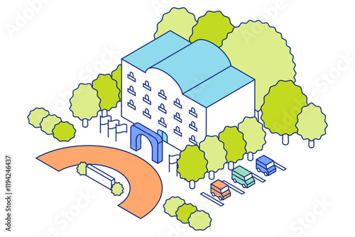 アイソメトリックのホテルのイラスト。車寄せのある宿泊施設。