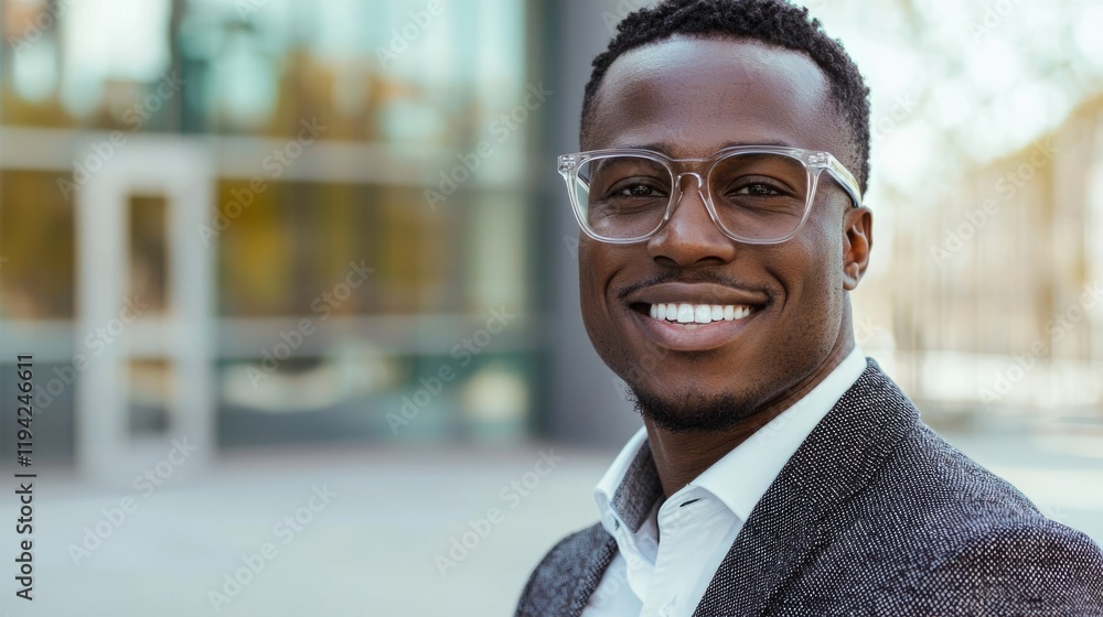 Smart businessman smiling at camera, wearing trendy transparent glasses