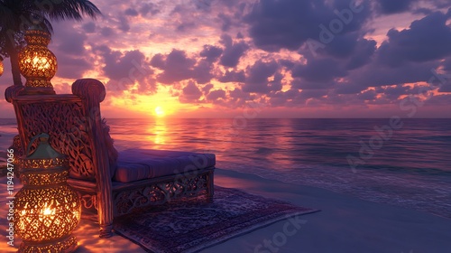 A beach scene with a beautifully carved Moroccan lounge chair, flanked by brass lanterns casting soft shadows, the serene ocean reflecting the golden and purple tones of dusk, intricate details,