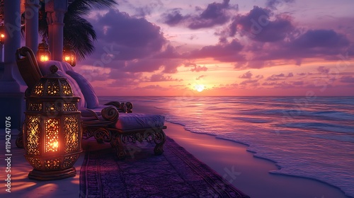 A beach scene with a beautifully carved Moroccan lounge chair, flanked by brass lanterns casting soft shadows, the serene ocean reflecting the golden and purple tones of dusk, intricate details,