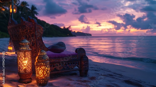 A beach scene with a beautifully carved Moroccan lounge chair, flanked by brass lanterns casting soft shadows, the serene ocean reflecting the golden and purple tones of dusk, intricate details,