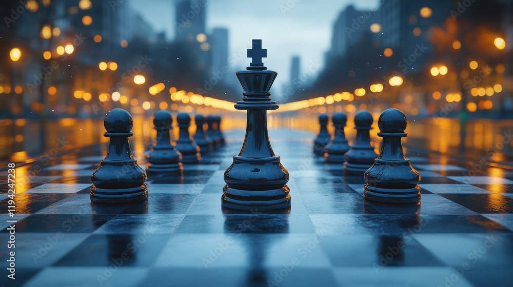 Majestic Chess King Dominates an Urban Landscape with Glowing Lights and Reflection in a Rain-Drenched Setting for Strategic Game Enthusiasts and Visual Art Lovers Majestic Chess King Dominates an Urban Landscape with Glowing Lights and Reflection in a Rain-Drenched Setting for Strategic Game Enthusiasts and Visual Art Lovers