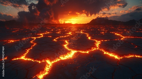 A cracked desert floor with glowing veins of molten lava in between
