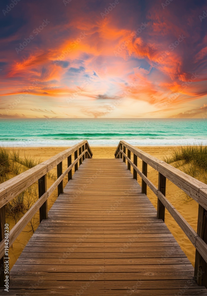 Obraz premium Wooden pathway to tranquil beach at sunset with vibrant sky and ocean view
