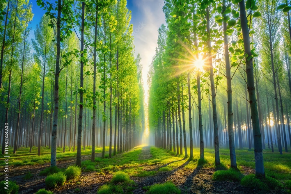 Fototapeta premium Poplar Tree Nursery: Double Exposure of Saplings and Sunlight