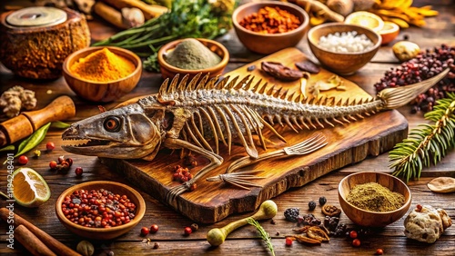 Prehistoric Fish Rhizodus Fossil Replica on Rustic Wooden Table with Dried Herbs and Spices photo