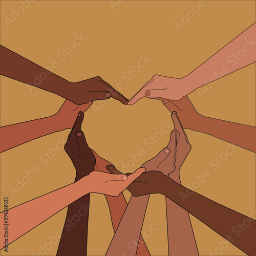 Unity and diversity are at the heart of a diverse group of people connected together as a supportive symbol that represents a sense of and togetherness. Symbol and shape created from hands. vector art