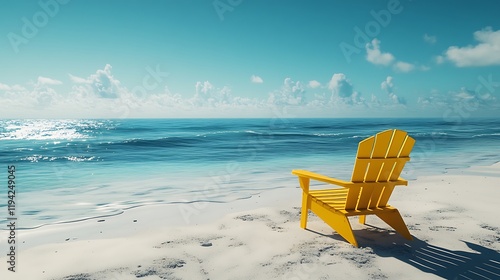 A bold yellow lounge chair facing the horizon, the clear azure waters and soft white sand providing a striking contrast, sunlight casting long shadows and creating a warm and inviting atmosphere,