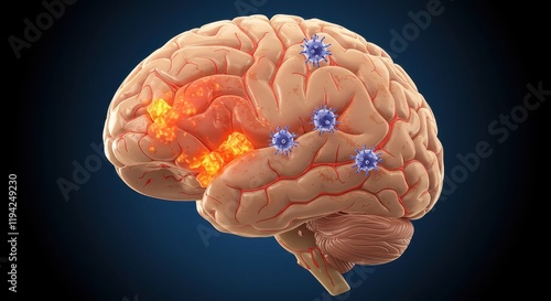 Wallpaper Mural Human brain with inflammatory areas and virus cells highlighting neurological health challenges Torontodigital.ca