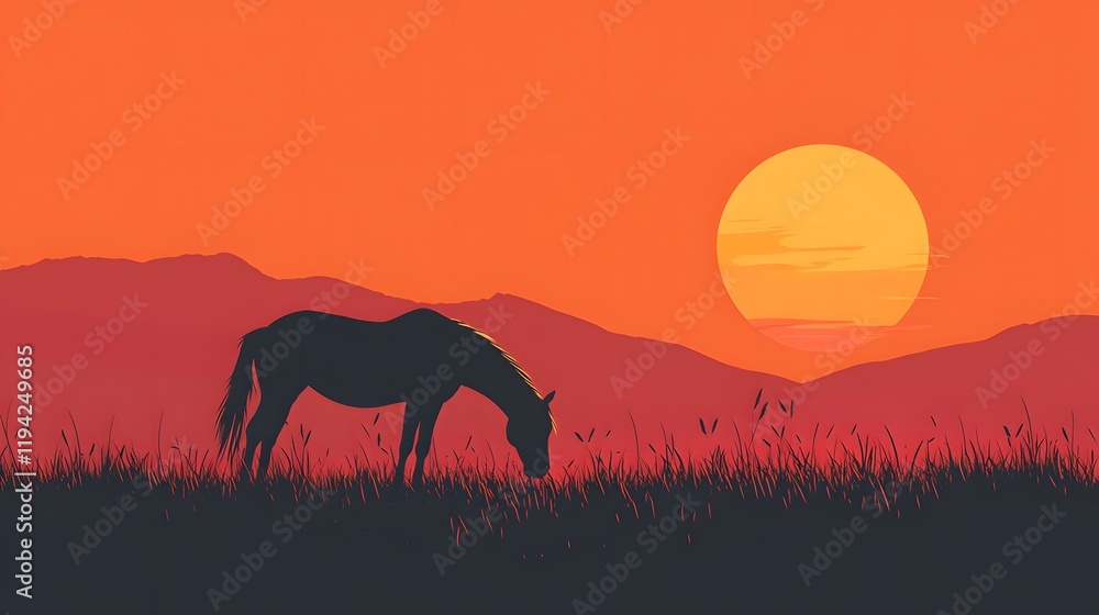 Naklejka premium Silhouette of a horse in a field during sunset with vibrant orange skies and a peaceful nature setting