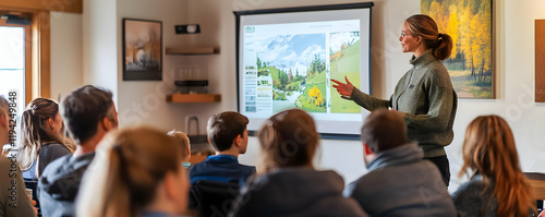 Woman giving presentation to group.