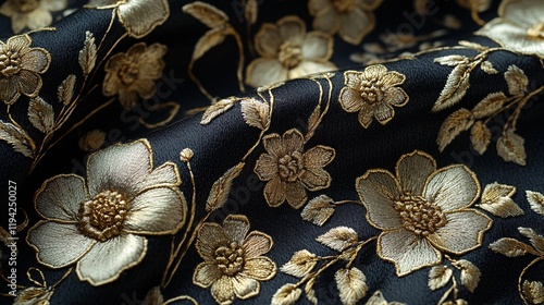 A fabric surface with embroidered gold and silver threads creating floral patterns photo