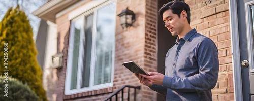 A professional salesperson knocking on a suburban home s door, holding a tablet with a personalized offer displayed