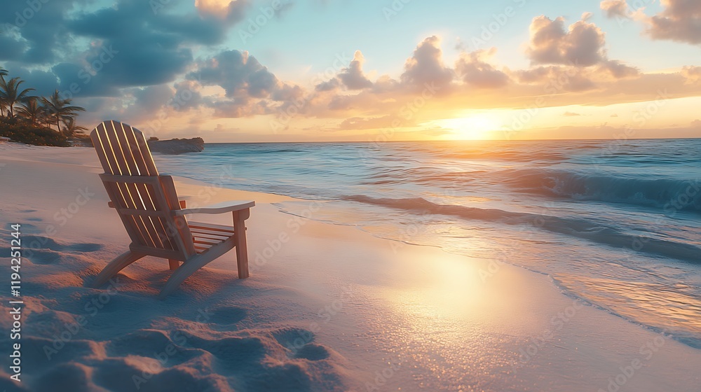 A cozy lounge chair angled towards the setting sun, surrounded by soft white sand, the calm ocean waves shimmering in the warm hues of sunset, peaceful coastal retreat, hd quality. --ar 16:9 A cozy lounge chair angled towards the setting sun, surrounded by soft white sand, the calm ocean waves shimmering in the warm hues of sunset, peaceful coastal retreat, hd quality. --ar 16:9