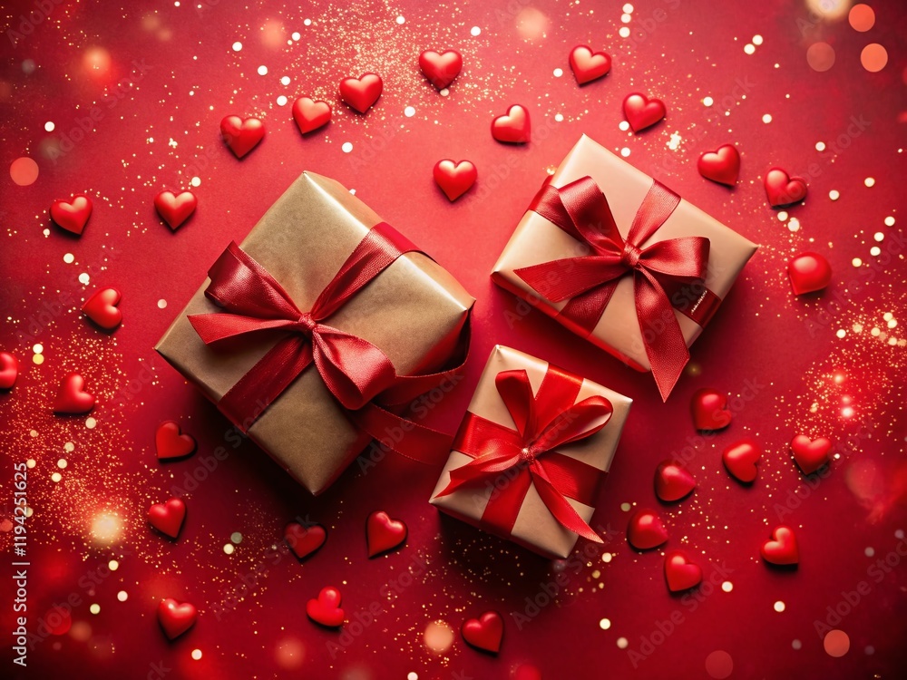Romantic Valentine's Day Background: Red Gift Boxes, Hearts & Confetti Flat Lay Romantic Valentine's Day Background: Red Gift Boxes, Hearts & Confetti Flat Lay