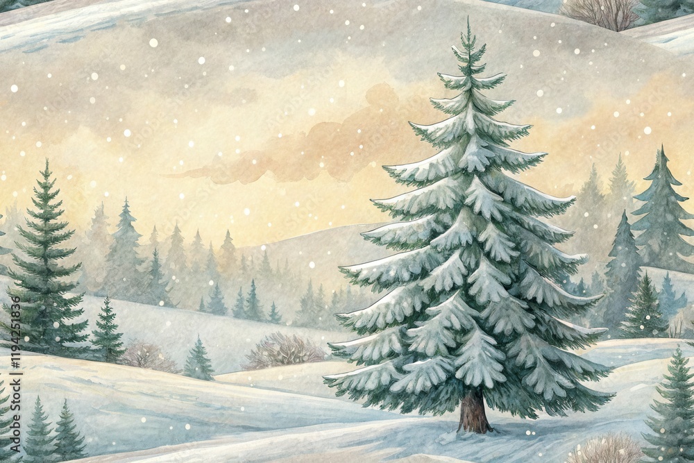 Naklejka premium Winter wonderland scene with snow-covered pine trees in pastel landscape