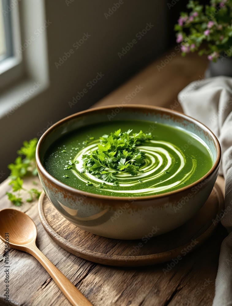 Creamy green vegetable soup with fresh herbs in rustic ceramic bowl by window Creamy green vegetable soup with fresh herbs in rustic ceramic bowl by window